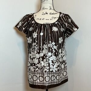 Brown Floral Print Top, Short Sleeve Blouse, Striped,‎ Women's Size S